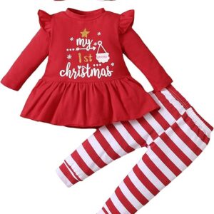 mi primer navidad: conjunto para bebé niña con blusa/túnica con volantes y estampado de santa y árbol, vestido camisa, pantalones a cuadros y rayas, ropa de otoño.